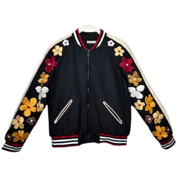 Alice + Olivia Silk Floral Embroidered Bomber Jacket Black Statement S - Picture 1 of 11